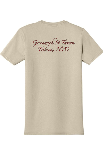 Beige cotton t-shirt featuring the Greenwich St Tavern Tribeca, NYC logo in dark red script on the back.