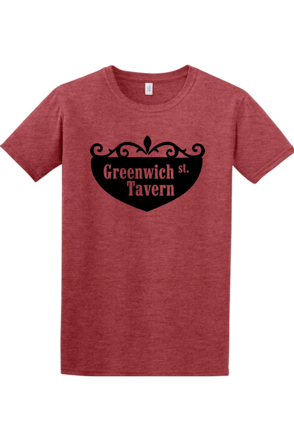 Heather red cotton t-shirt featuring a black Greenwich Street Tavern crest graphic on the chest.