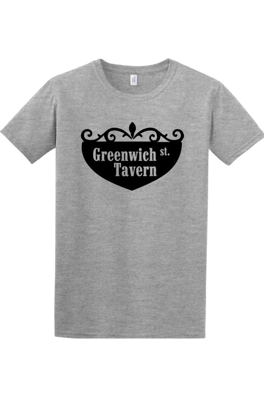 Sport grey cotton-blend t-shirt featuring a black Greenwich Street Tavern crest graphic on the chest.