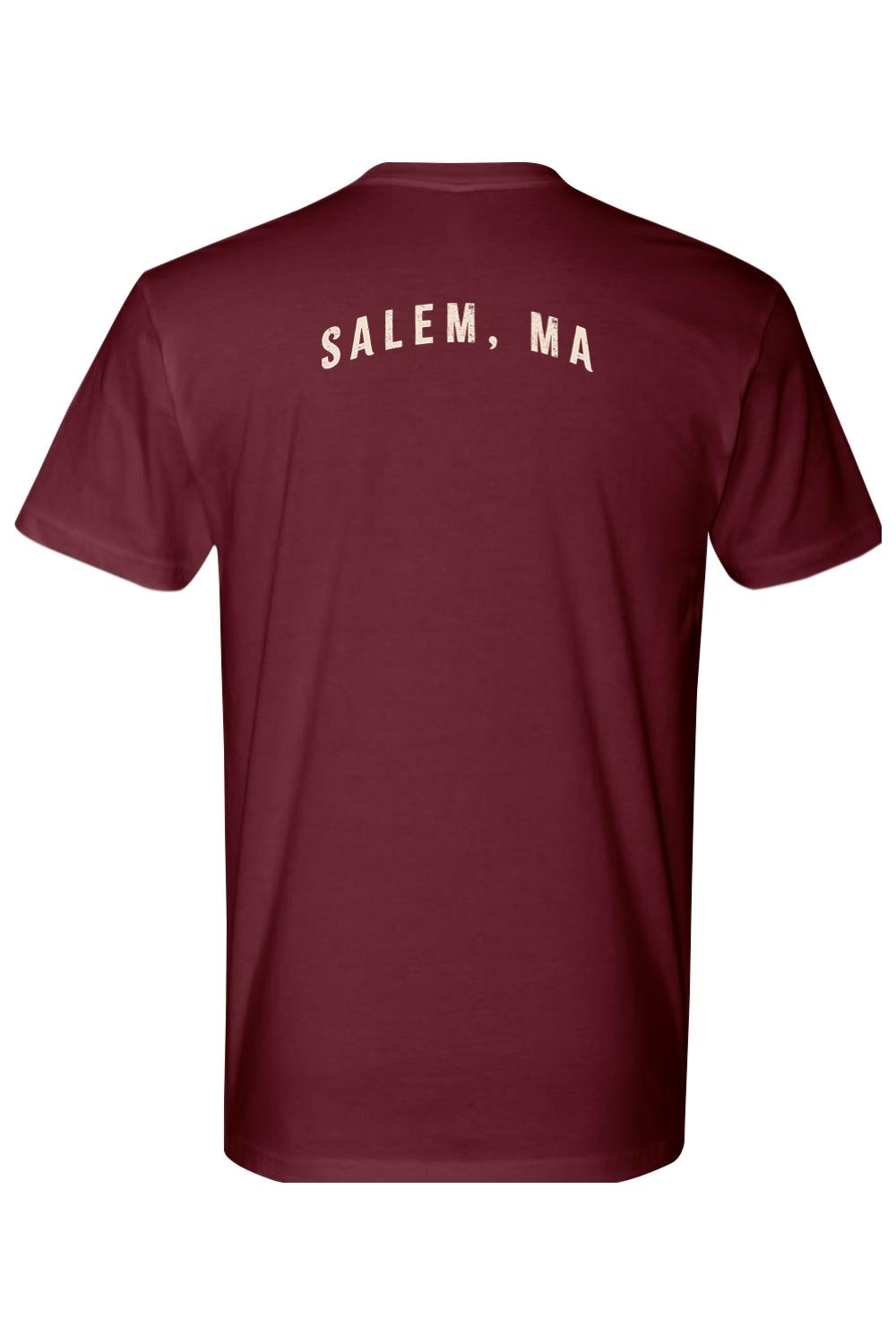 Maroon 100% cotton t-shirt featuring Salem, MA printed in white text on the upper back.
