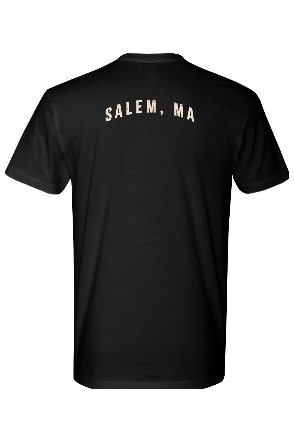 Black 100% cotton t-shirt featuring white Salem, MA text printed on the upper back.