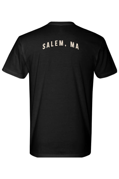 Black 100% cotton t-shirt featuring white Salem, MA text printed on the upper back.