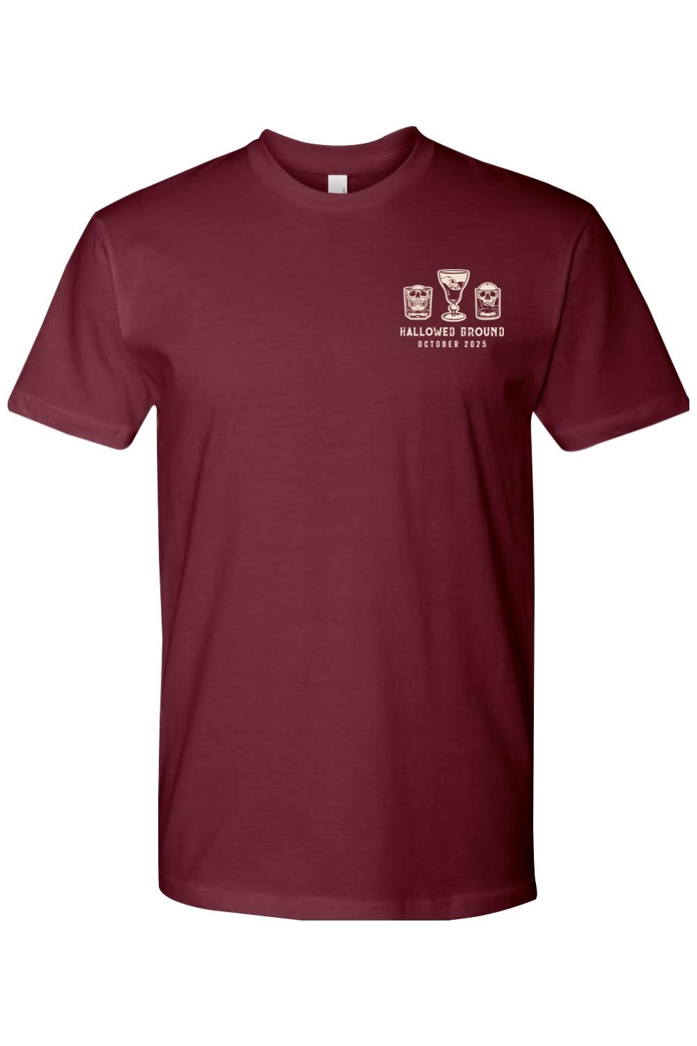 Maroon 100% cotton t-shirt featuring a white Hallowed Ground skull drink graphic on the left chest.