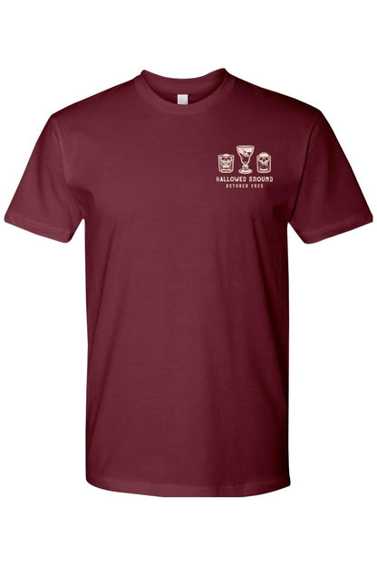 Maroon 100% cotton t-shirt featuring a white Hallowed Ground skull drink graphic on the left chest.