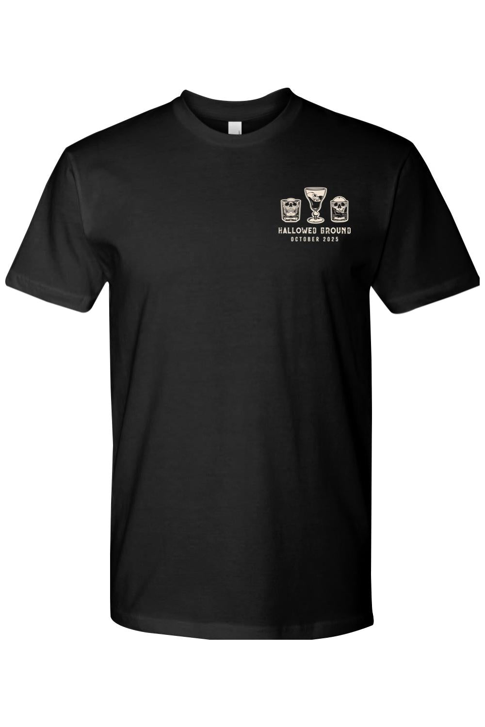 Black 100% cotton crew neck t-shirt featuring a Hallowed Ground skull drink graphic on the left chest.