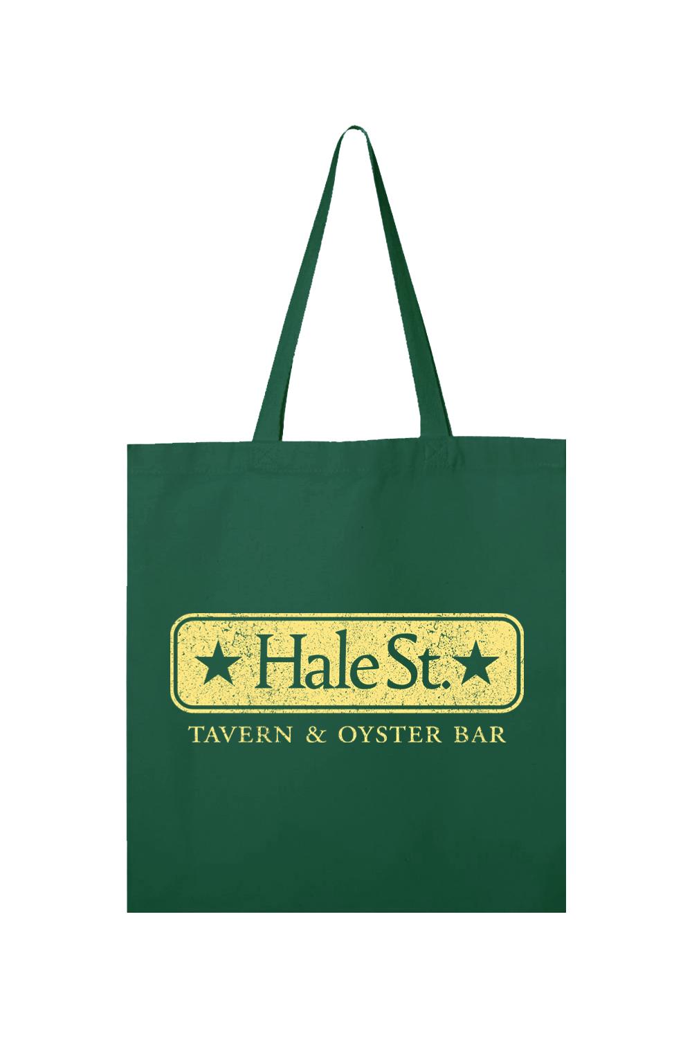 Dark green canvas tote bag featuring a yellow distressed Hale St. Tavern & Oyster Bar logo on the front.