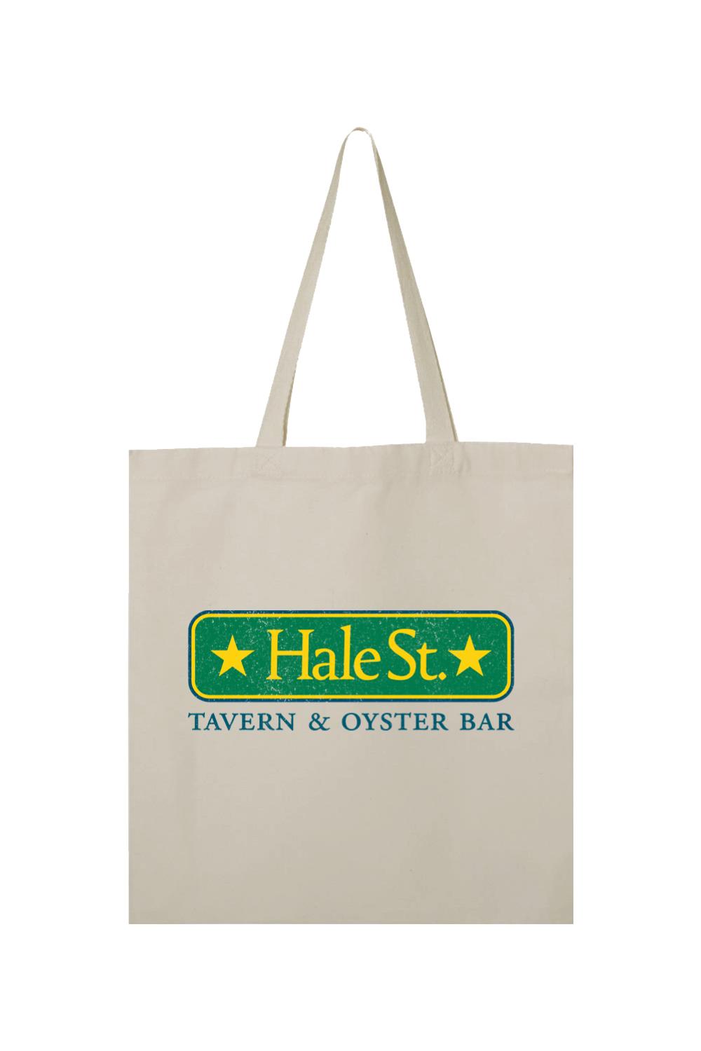 Beige canvas tote bag featuring a green Hale St. Tavern & Oyster Bar logo with yellow stars.