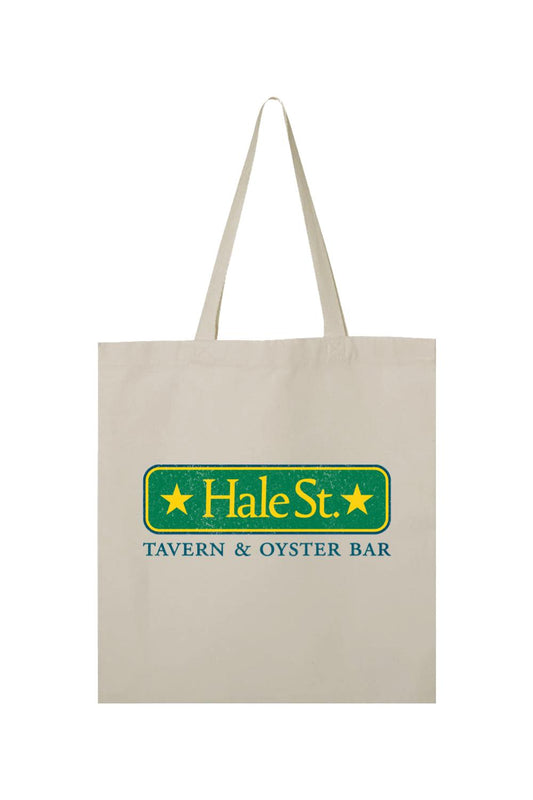 Beige canvas tote bag featuring a green Hale St. Tavern & Oyster Bar logo with yellow stars.