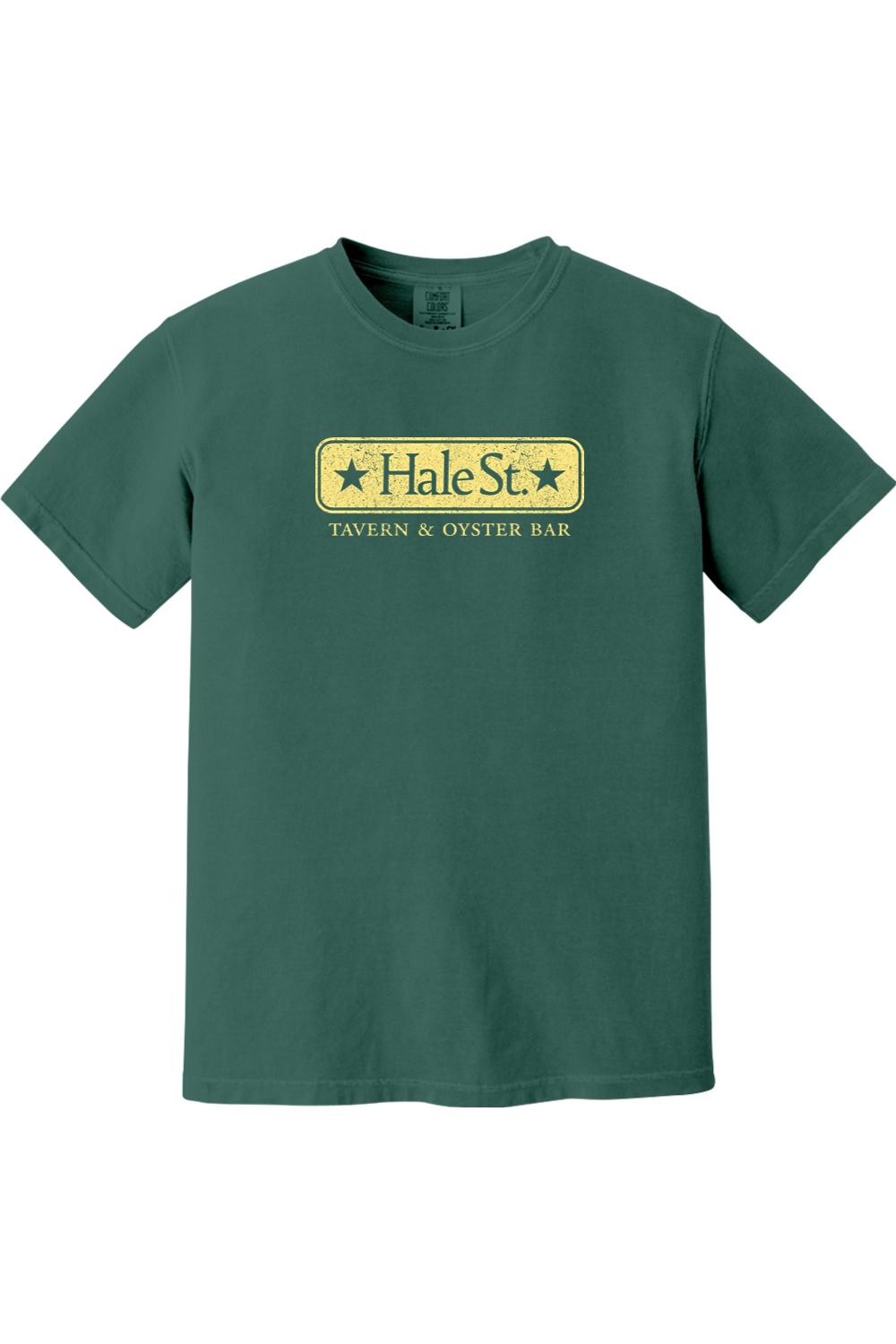 Dark green Comfort Colors t-shirt featuring a yellow Hale St. Tavern & Oyster Bar logo graphic on the chest.