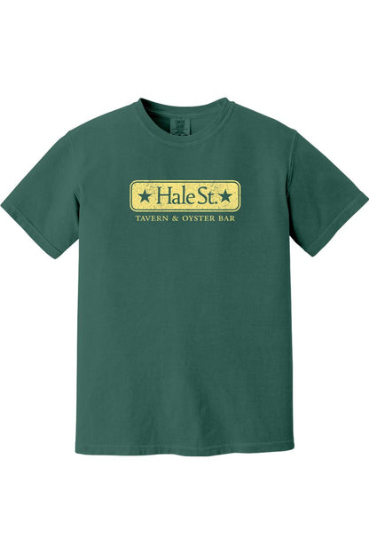 Dark green Comfort Colors t-shirt featuring a yellow Hale St. Tavern & Oyster Bar logo graphic on the chest.