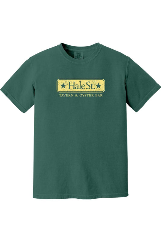 Dark green Comfort Colors t-shirt featuring a yellow Hale St. Tavern & Oyster Bar logo graphic on the chest.