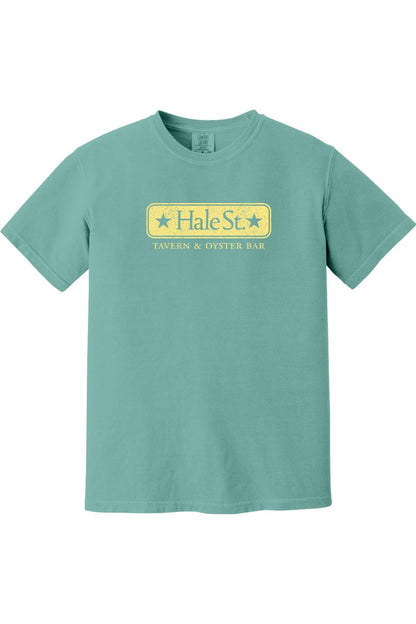 Teal Comfort Colors crewneck t-shirt featuring a distressed yellow Hale St. Tavern & Oyster Bar logo on the chest.