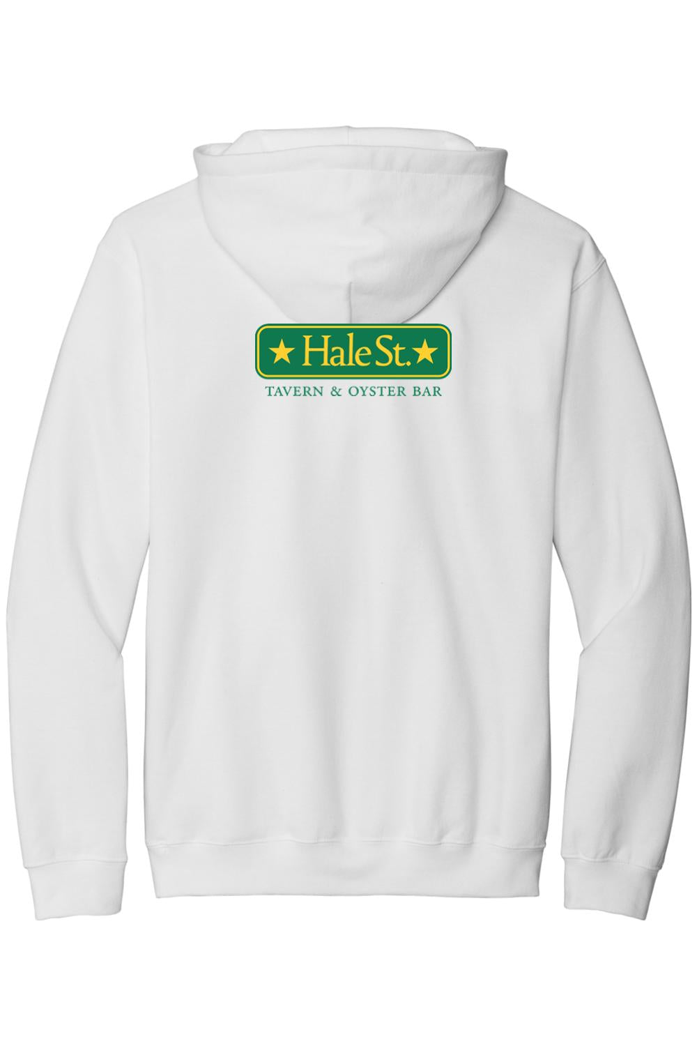 White zip-up hoodie featuring a green and yellow Hale St. Tavern & Oyster Bar logo printed on the back.