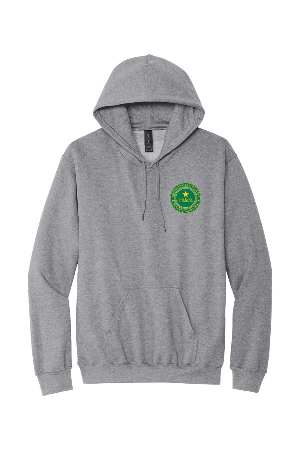 Grey pullover hoodie featuring a green and yellow Hale St. Tavern circular logo on the left chest.