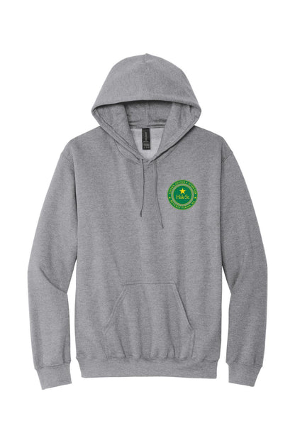 Grey pullover hoodie featuring a green and yellow Hale St. Tavern circular logo on the left chest.