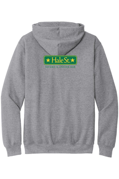 Grey zip-up hoodie featuring a green and yellow Hale St. Tavern & Oyster Bar logo printed on the back.