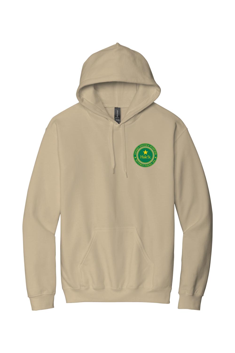 Tan pullover hoodie featuring a circular green Hale St. Tavern logo on the chest with a front kangaroo pocket.