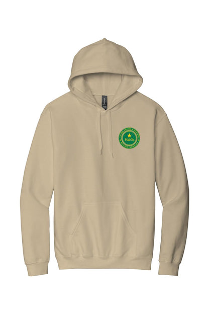 Tan pullover hoodie featuring a circular green Hale St. Tavern logo on the chest with a front kangaroo pocket.