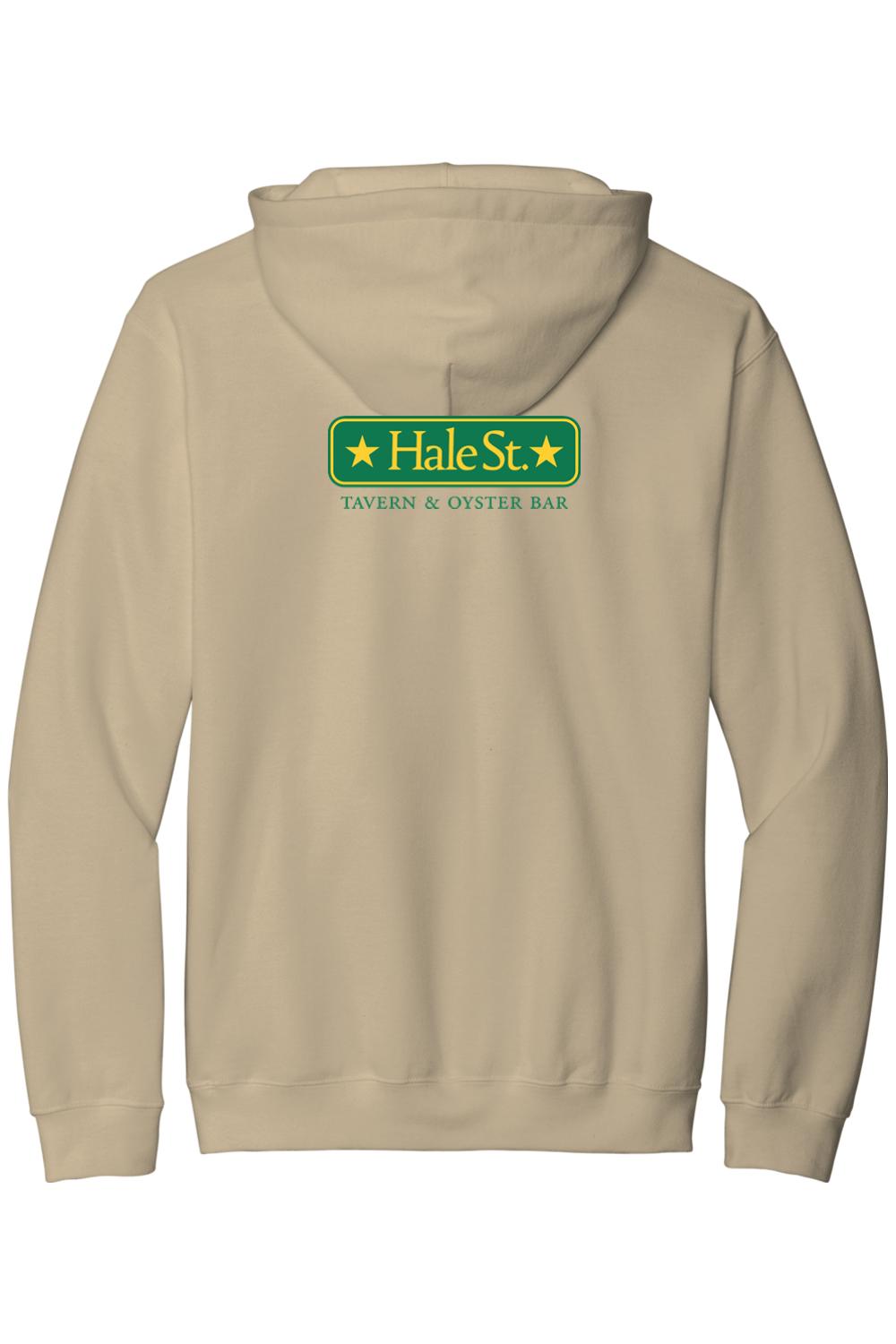 Tan zip-up hoodie featuring a green and yellow Hale St. Tavern & Oyster Bar logo on the back.