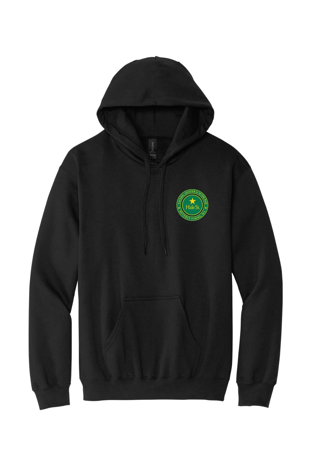 Black pullover hoodie with a drawstring hood, front pouch pocket, and a green Hale St. Tavern logo on the chest.