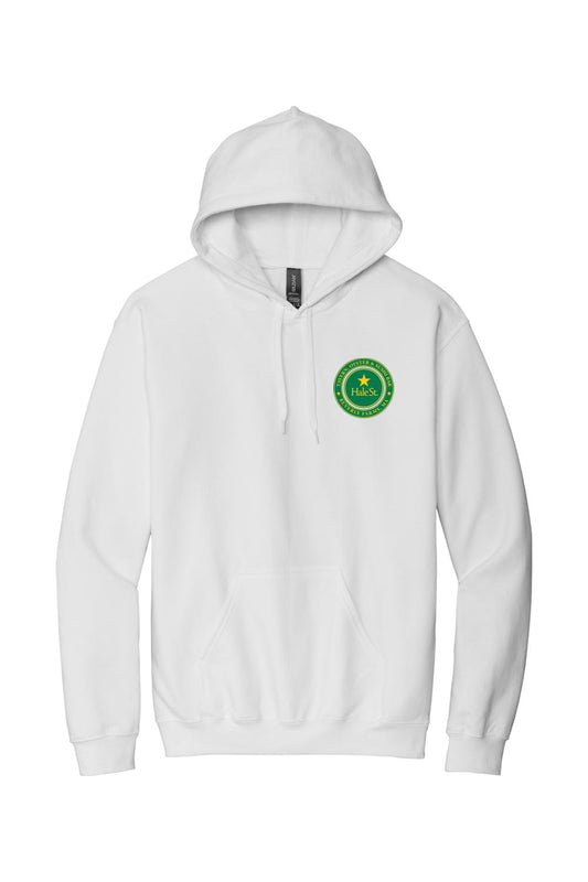 White pullover hoodie featuring a green and yellow Hale St. Tavern circular logo on the chest with a front pouch pocket.
