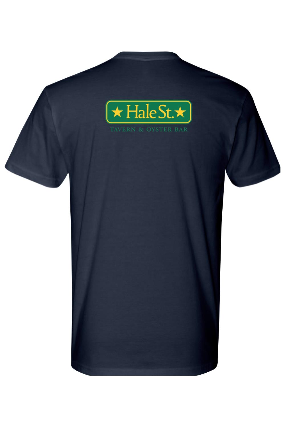 Navy blue unisex t-shirt featuring a yellow and green Hale St. Tavern & Oyster Bar logo on the back.