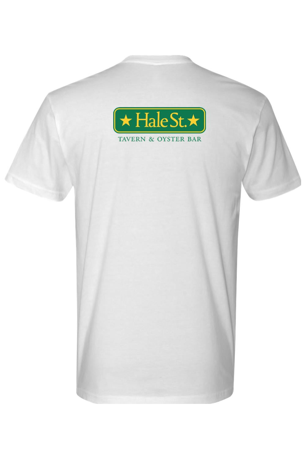 White short-sleeve unisex t-shirt featuring a green and gold Hale St. Tavern & Oyster Bar logo on the back.