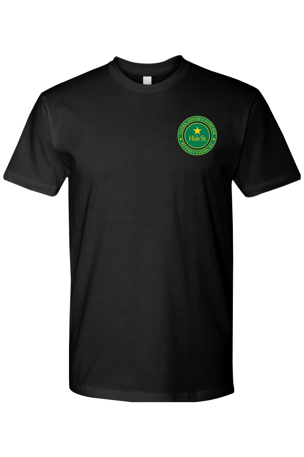 Black unisex crew neck t-shirt featuring a circular green and yellow Hale St. Tavern logo on the left chest.
