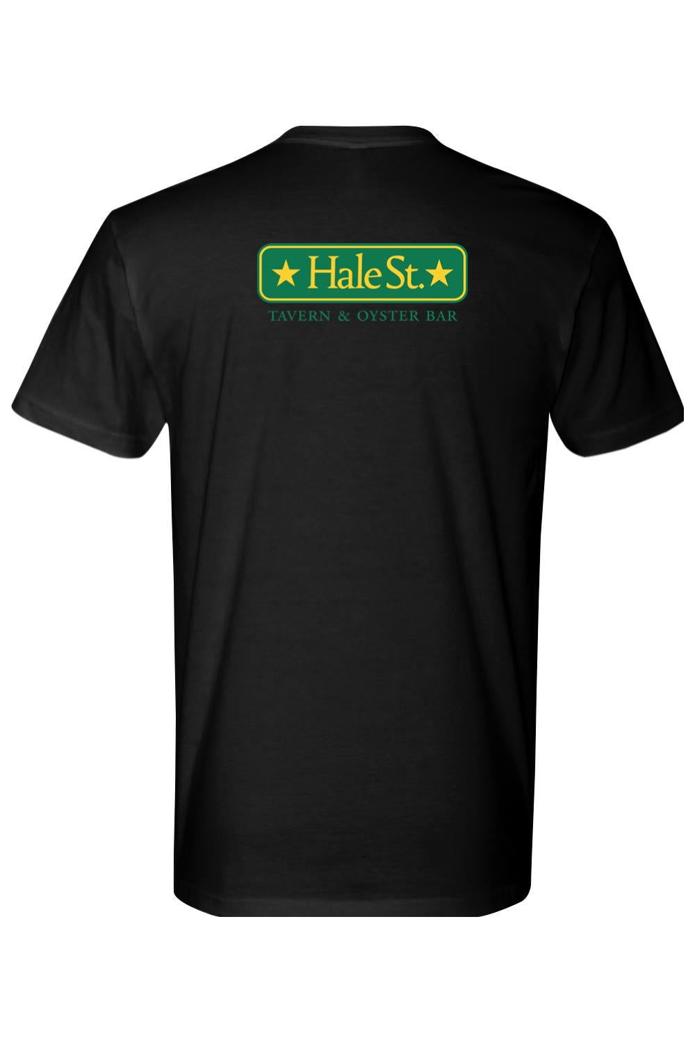 Black short-sleeve unisex t-shirt featuring a yellow and green Hale St. Tavern & Oyster Bar logo on the back.
