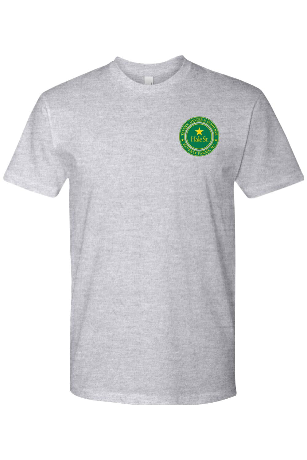 Grey crewneck t-shirt featuring a circular green and yellow Hale St. Tavern logo on the left chest.
