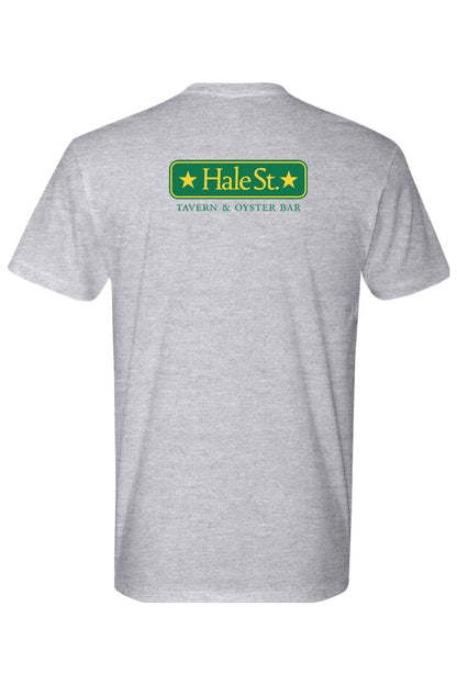 Grey unisex t-shirt featuring a green and yellow Hale St. Tavern & Oyster Bar logo printed on the back.