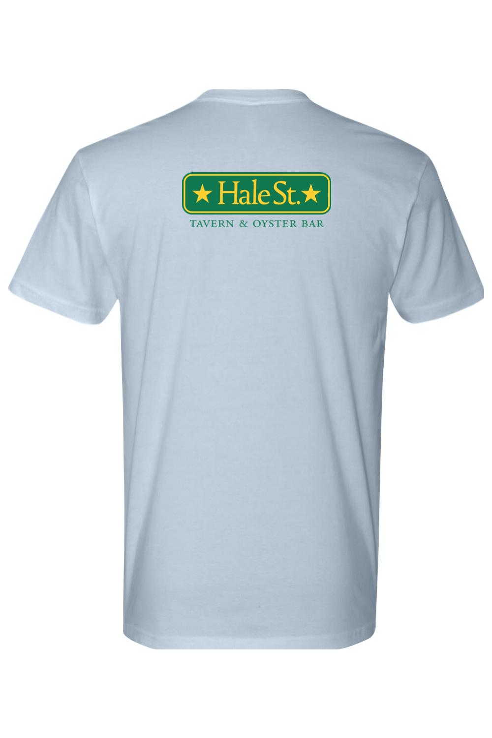 Light blue short-sleeve t-shirt featuring a green and yellow Hale St. Tavern & Oyster Bar logo on the back.