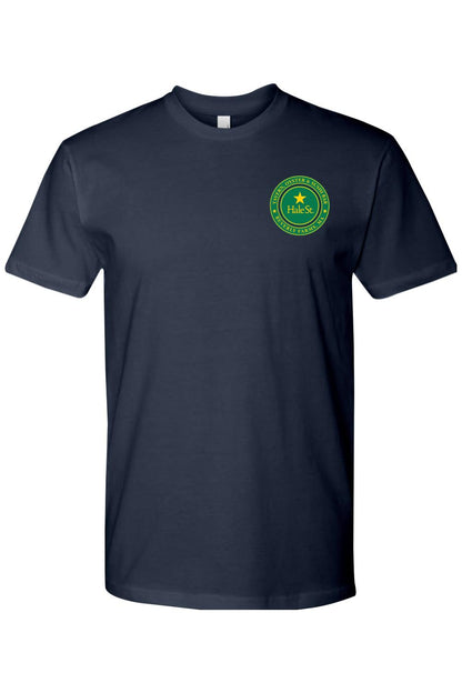 Navy blue unisex crewneck t-shirt featuring a green and yellow Hale St. Tavern logo on the left chest.