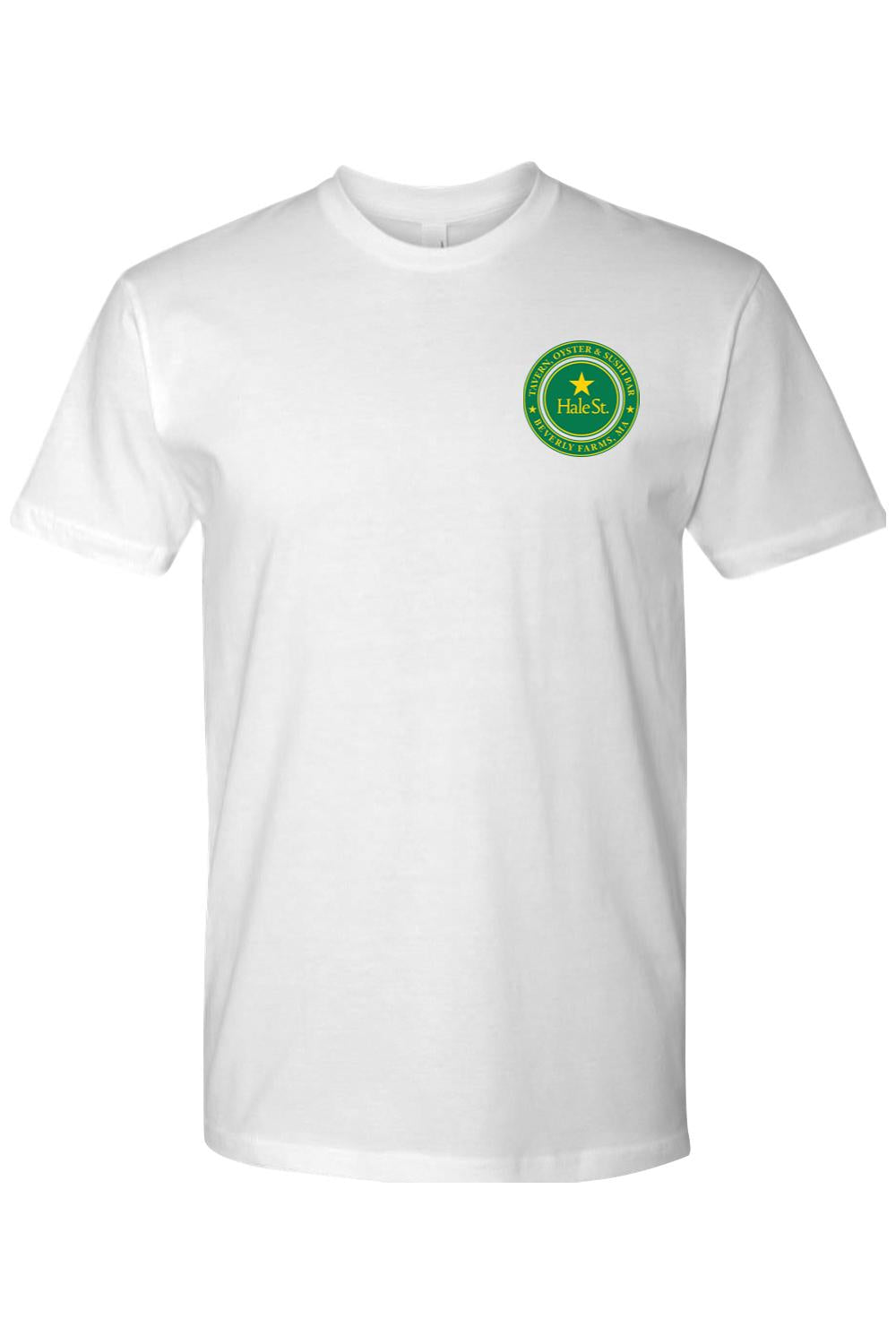 White crew neck t-shirt featuring a green and gold Hale St. Tavern logo on the left chest.