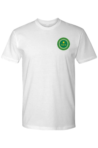 White crew neck t-shirt featuring a green and gold Hale St. Tavern logo on the left chest.
