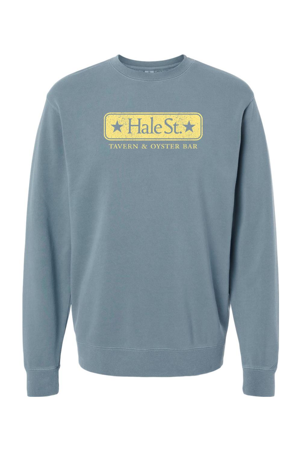 Blue pigment-dyed crewneck sweatshirt featuring a yellow Hale St. Tavern & Oyster Bar logo on the chest.