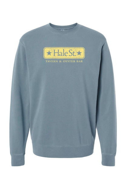 Blue pigment-dyed crewneck sweatshirt featuring a yellow Hale St. Tavern & Oyster Bar logo on the chest.