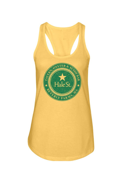 Yellow racerback tank top featuring a green circular Hale St. Tavern logo with a star on a white background.