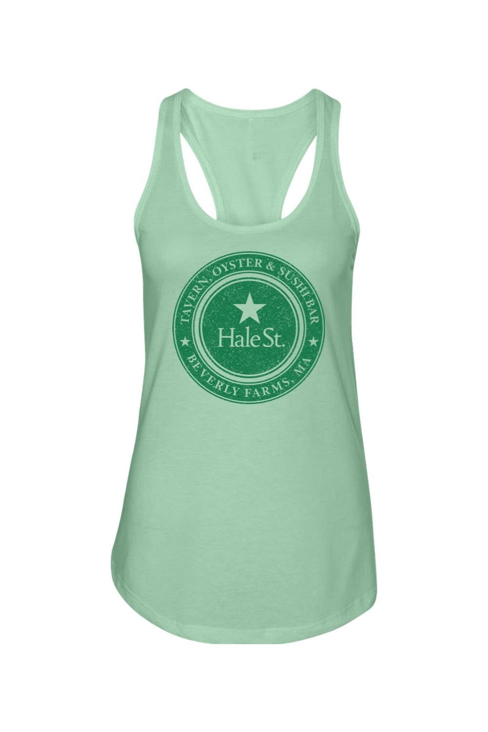 Light green racerback tank top with a distressed circular Hale St. Tavern logo graphic on the chest.