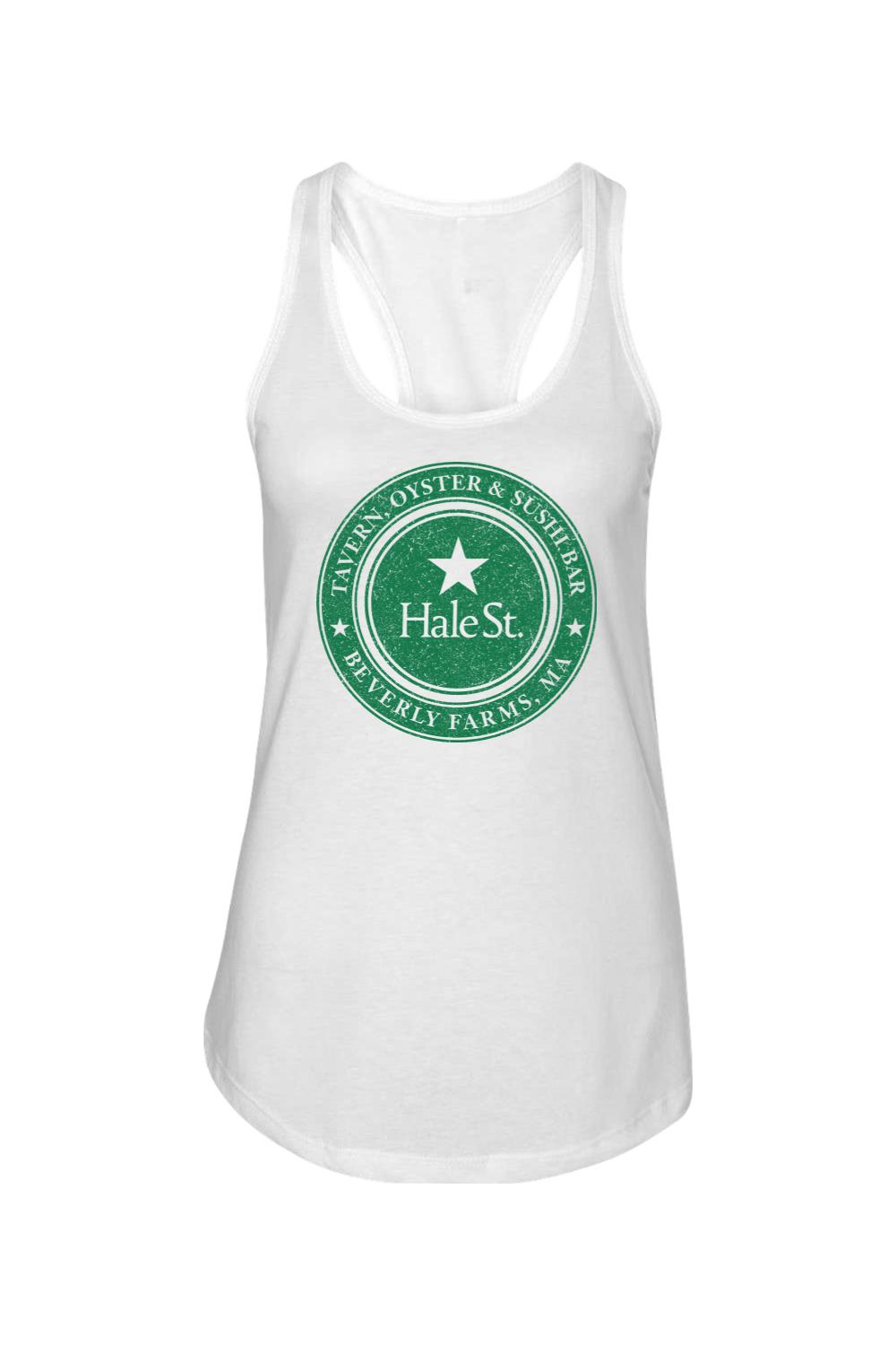 White racerback tank top featuring a distressed green Hale St. Tavern logo on the chest.