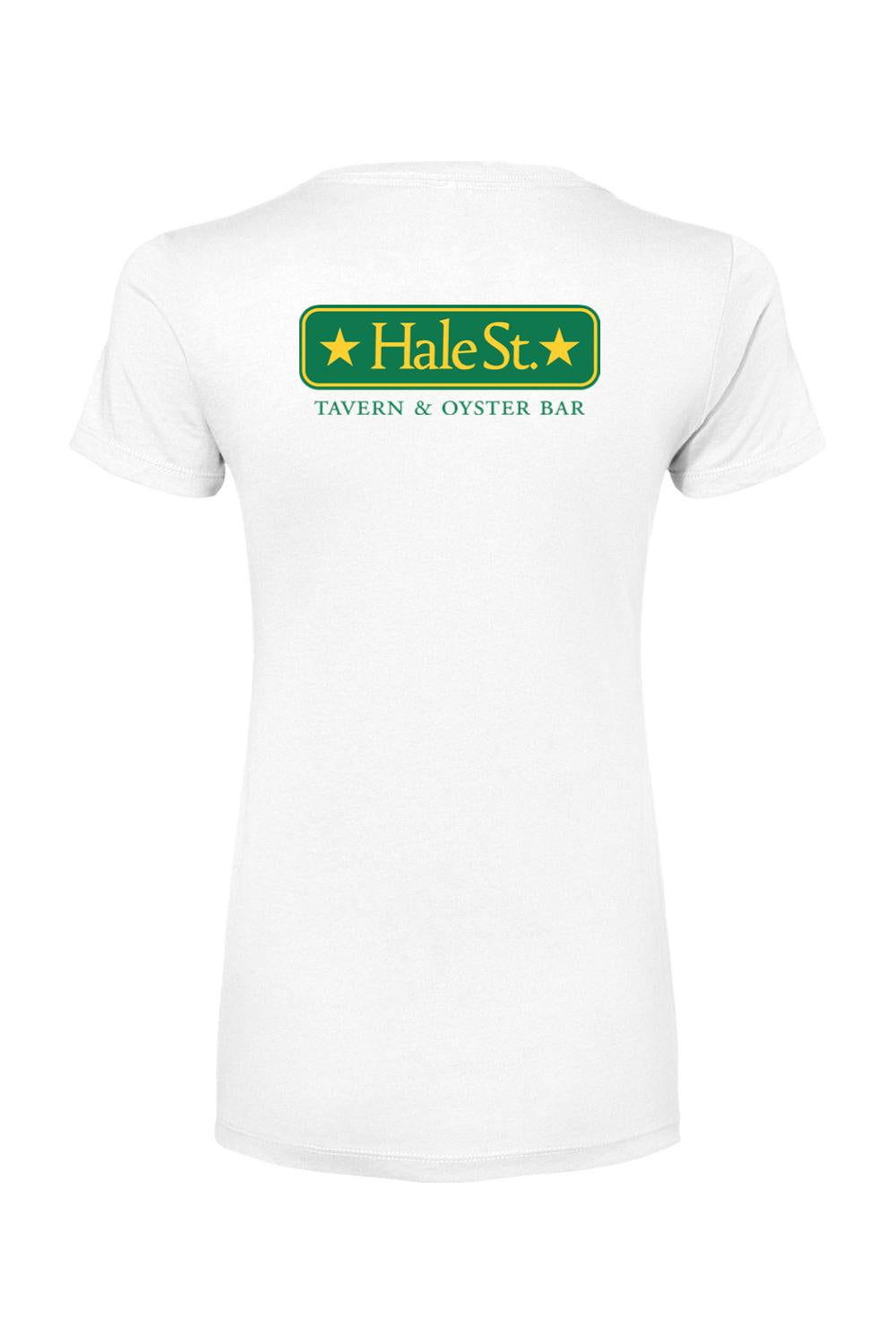 White women's cotton-blend t-shirt featuring a green Hale St. Tavern & Oyster Bar logo on the back.