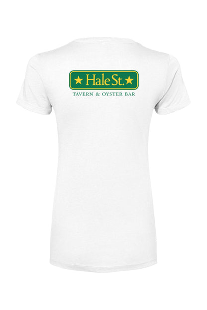 White women's cotton-blend t-shirt featuring a green Hale St. Tavern & Oyster Bar logo on the back.