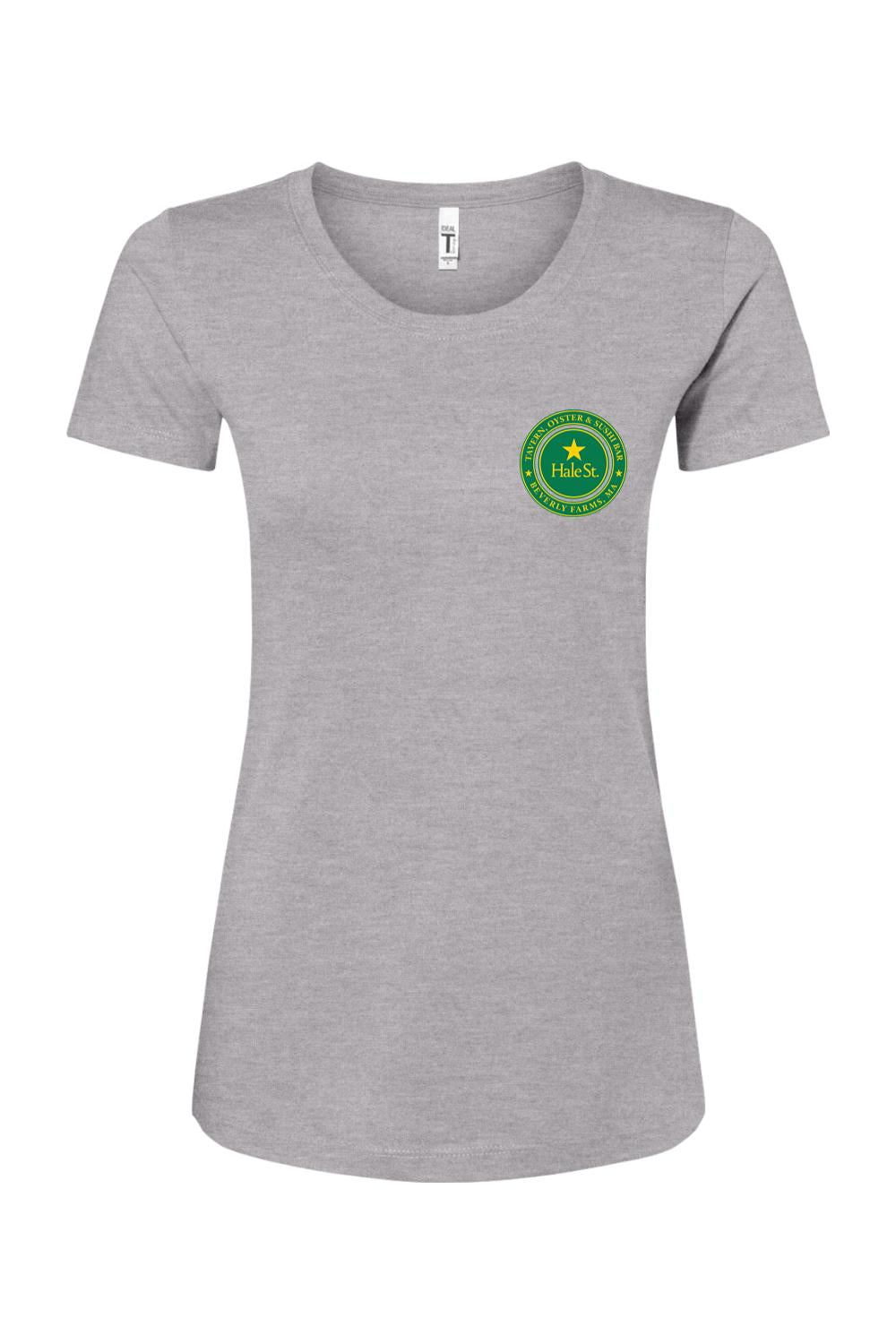 Grey women's crew neck t-shirt featuring a green and gold Hale St. Tavern logo on the left chest.