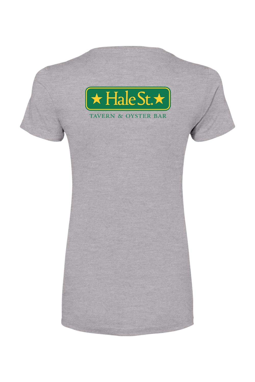 Grey women's cotton-blend t-shirt featuring a green and yellow Hale St. Tavern & Oyster Bar logo on the back.