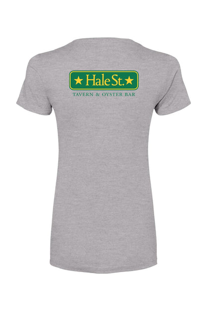 Grey women's cotton-blend t-shirt featuring a green and yellow Hale St. Tavern & Oyster Bar logo on the back.