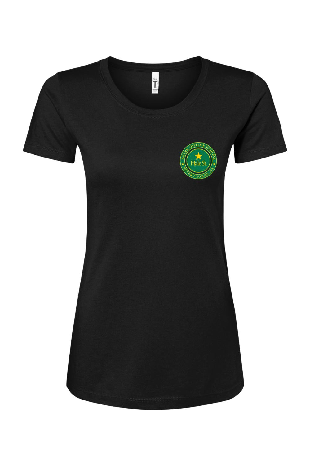 Black women's crew neck t-shirt featuring a green and yellow Hale St. Tavern logo on the chest.
