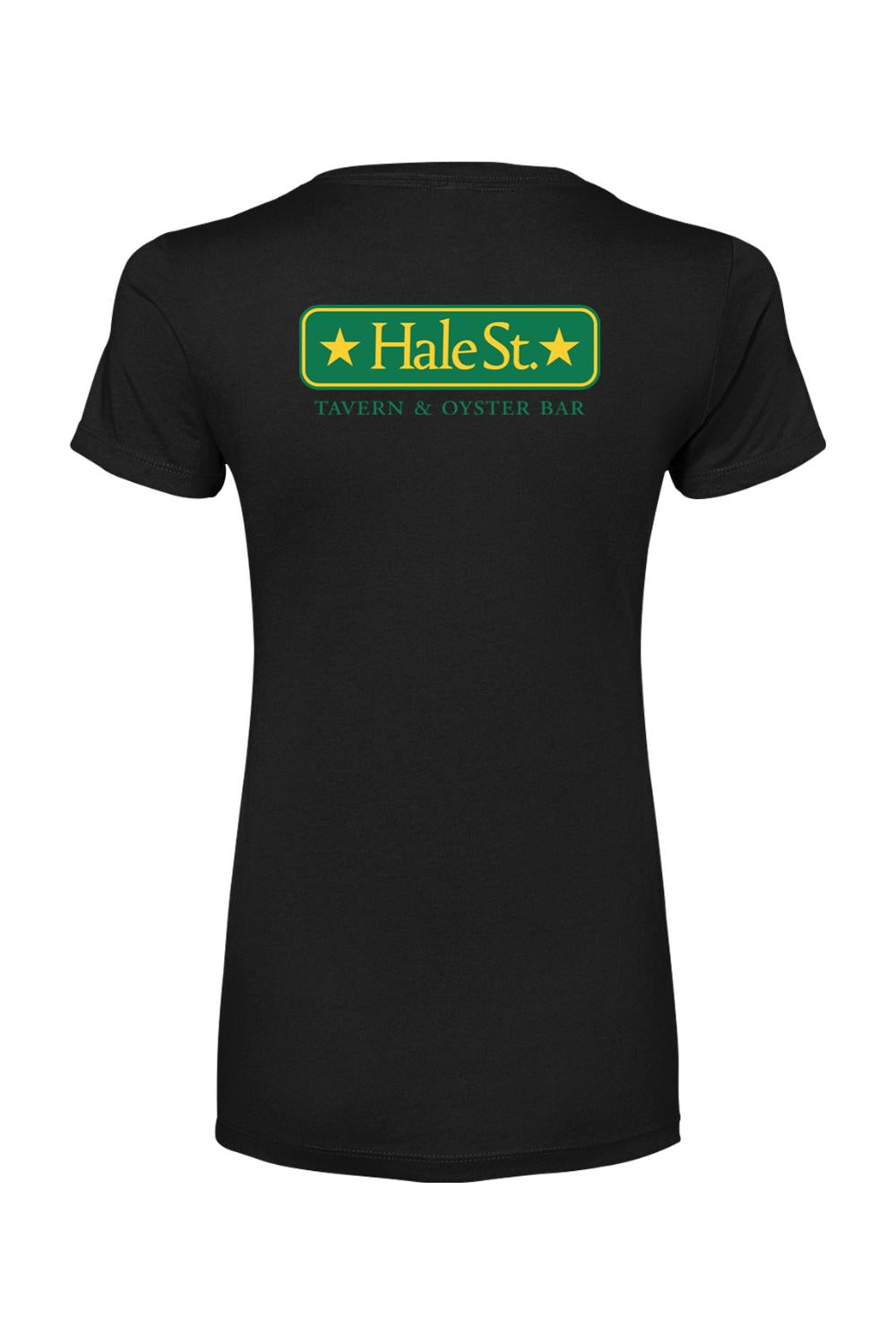 Black women's cotton-blend crewneck t-shirt featuring a green and yellow Hale St. Tavern & Oyster Bar logo on back.