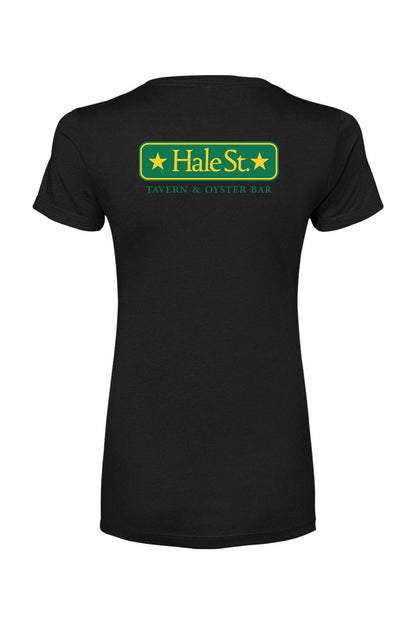 Black women's cotton-blend crewneck t-shirt featuring a green and yellow Hale St. Tavern & Oyster Bar logo on back.