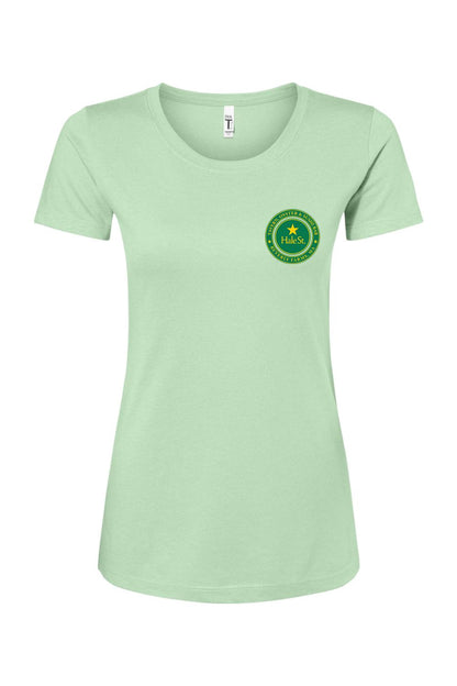 Light green women's crew neck t-shirt with a small Hale St. Tavern circular logo on the left chest.