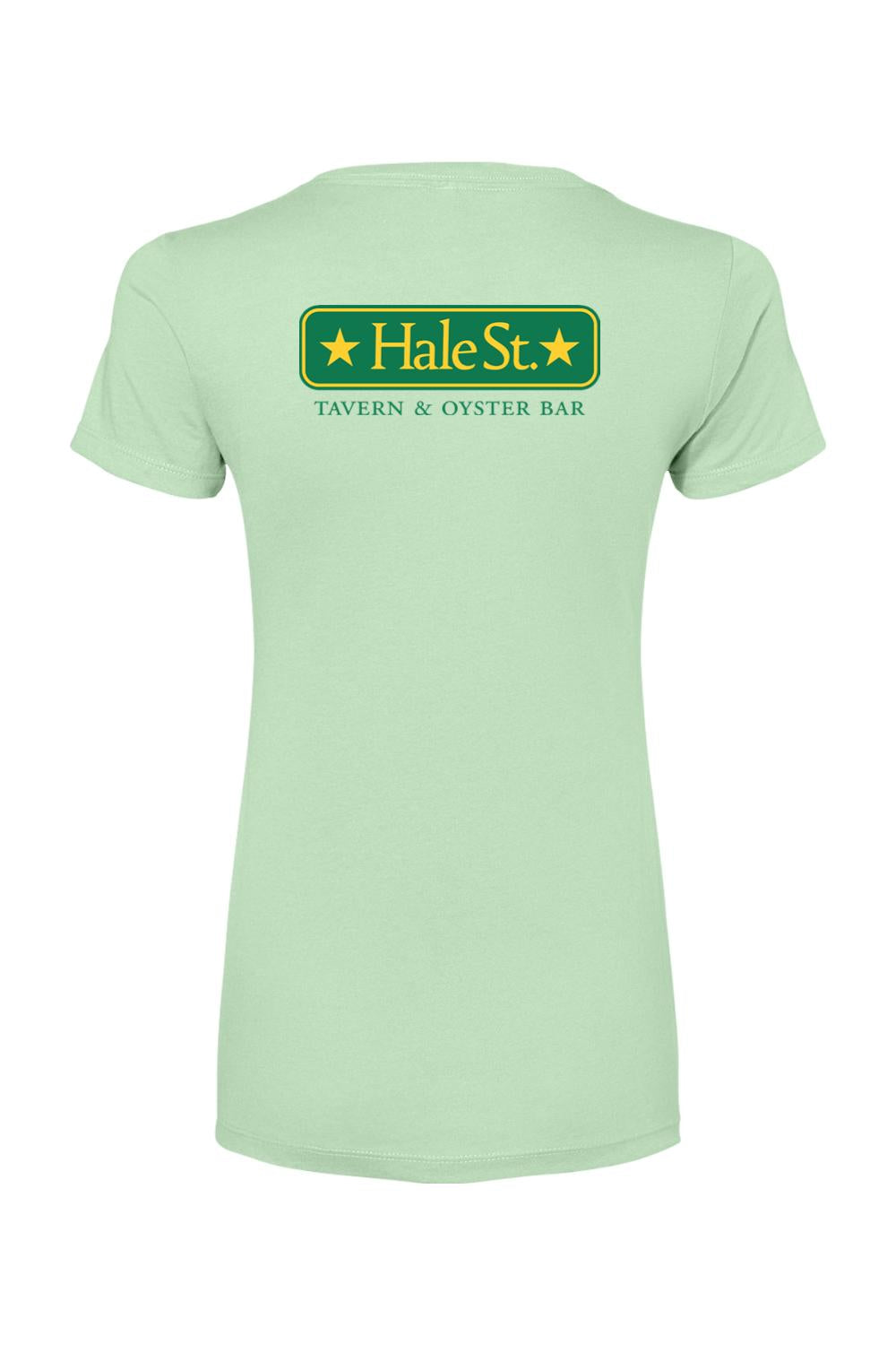 Light green women's cotton-blend t-shirt featuring a Hale St. Tavern & Oyster Bar logo on the back.